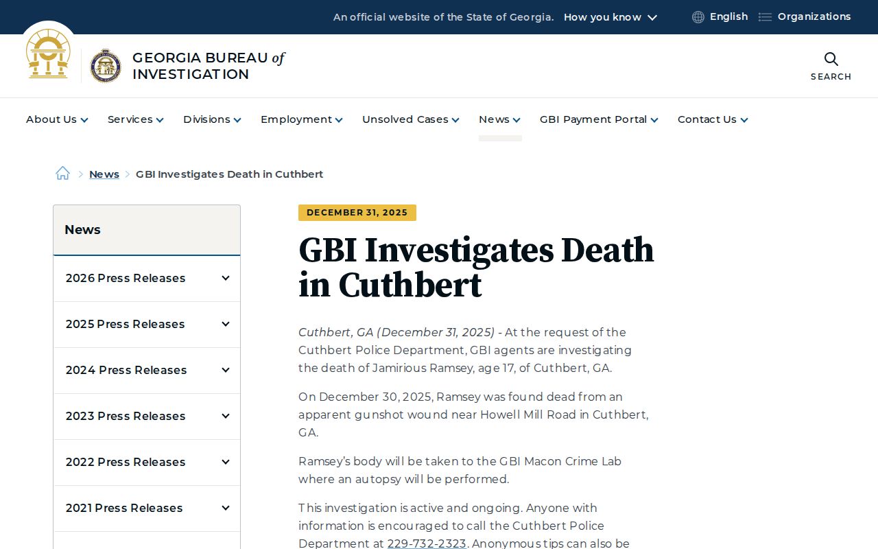 Cuthbert Police identification in an official Georgia GBI release
