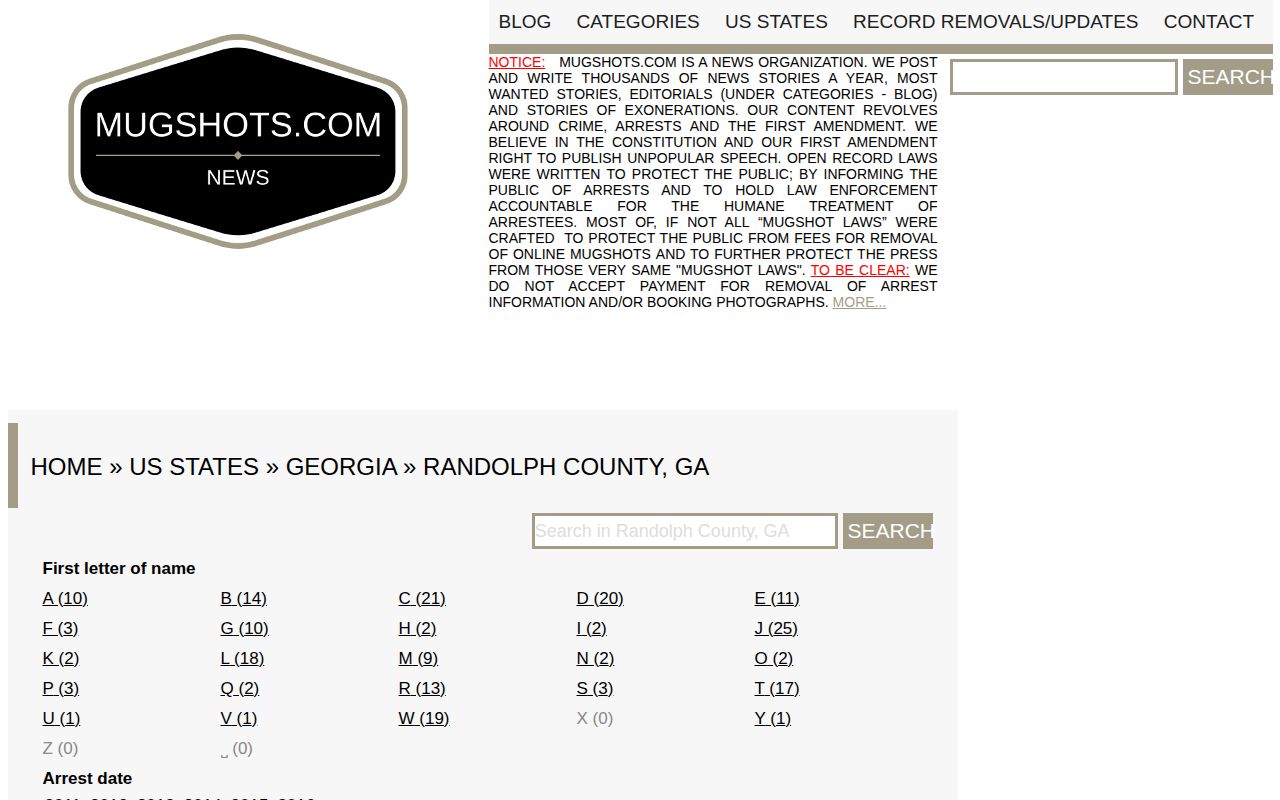 Unofficial Mugshots.com Randolph County Georgia archive page
