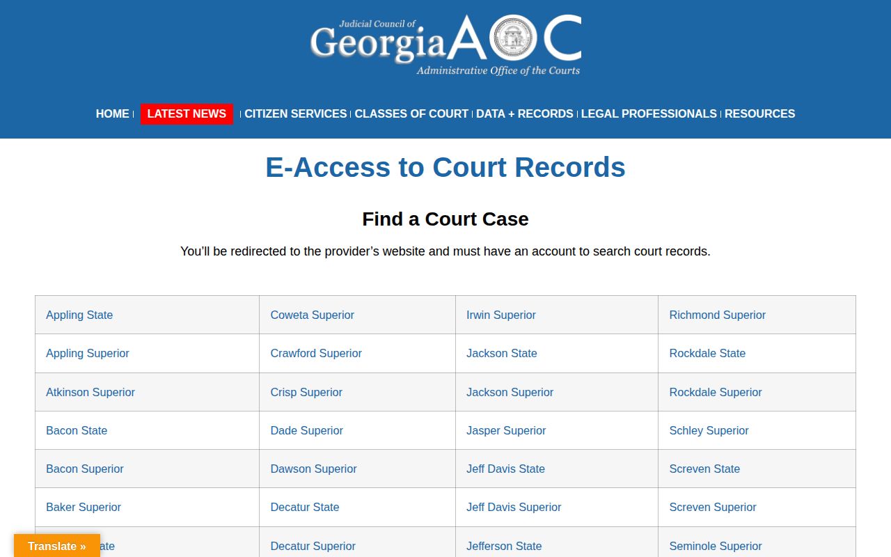 Georgia Courts e-access route for Randolph Superior Court records