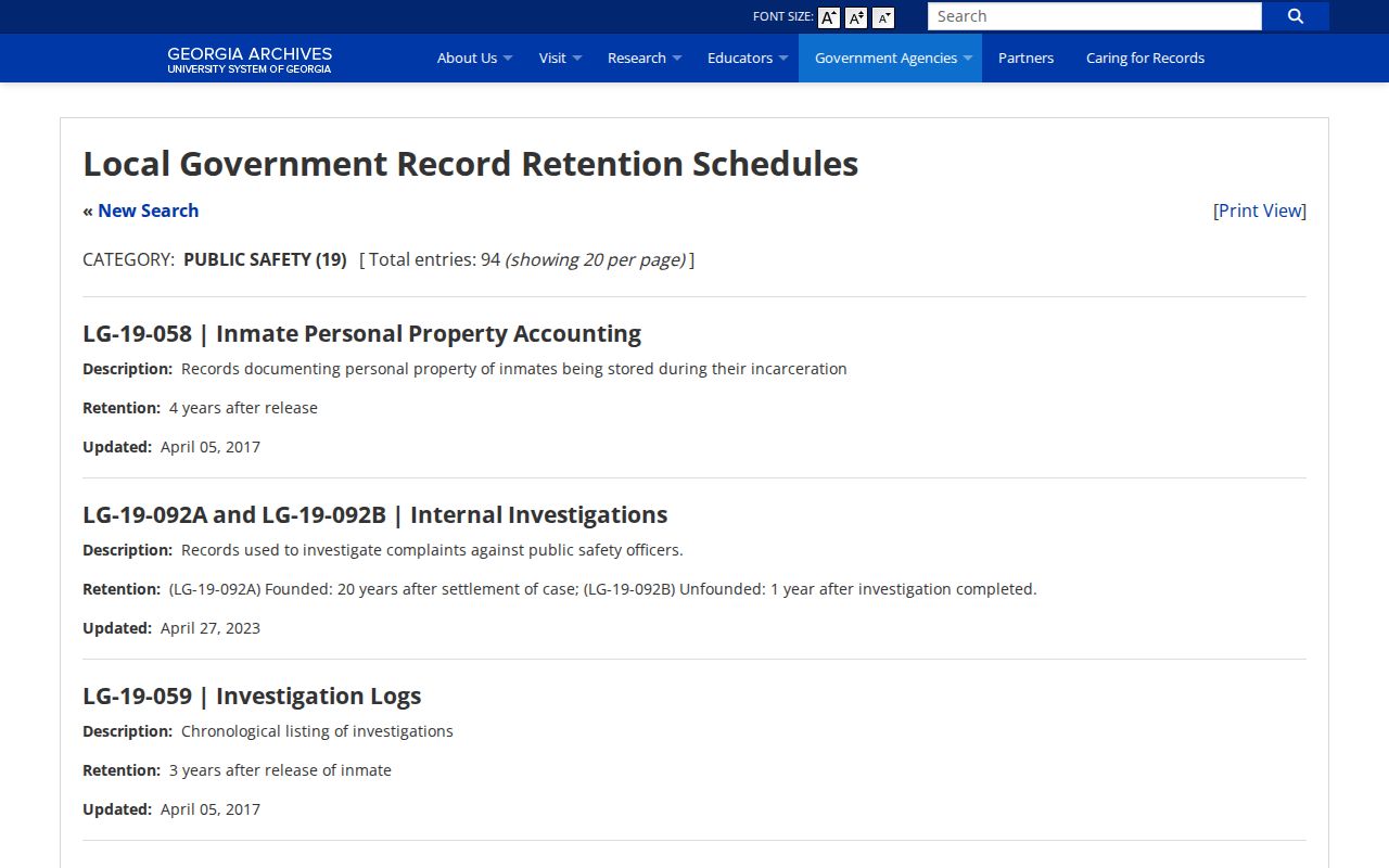 Georgia Archives jail booking-record retention schedule