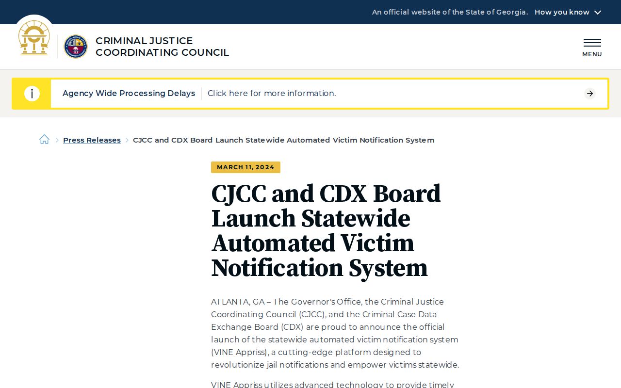 Georgia statewide VINE custody notification information